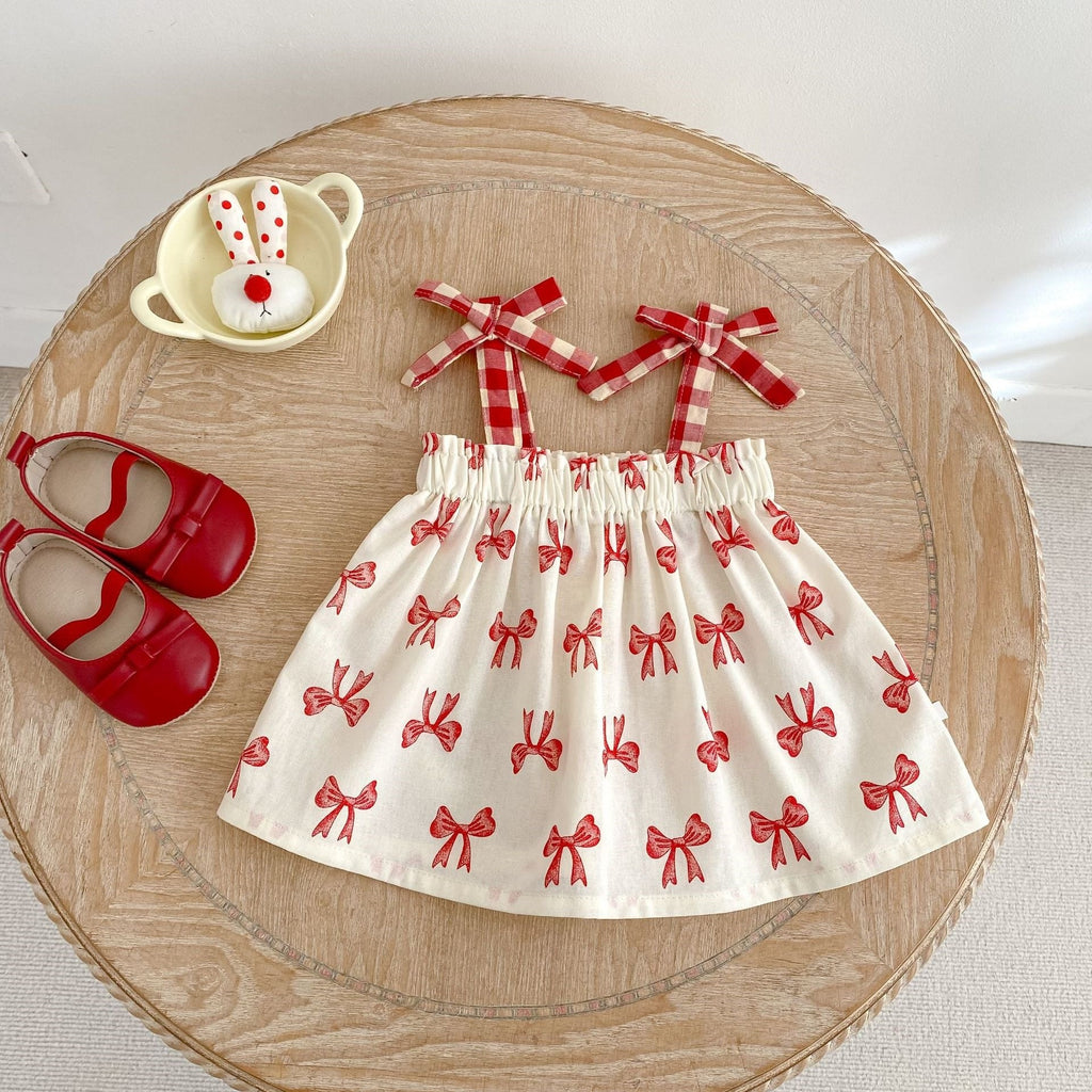 Kids Cream Bow Print Top & Shorts Set | Cute Red Ribbon Outfit for Girls