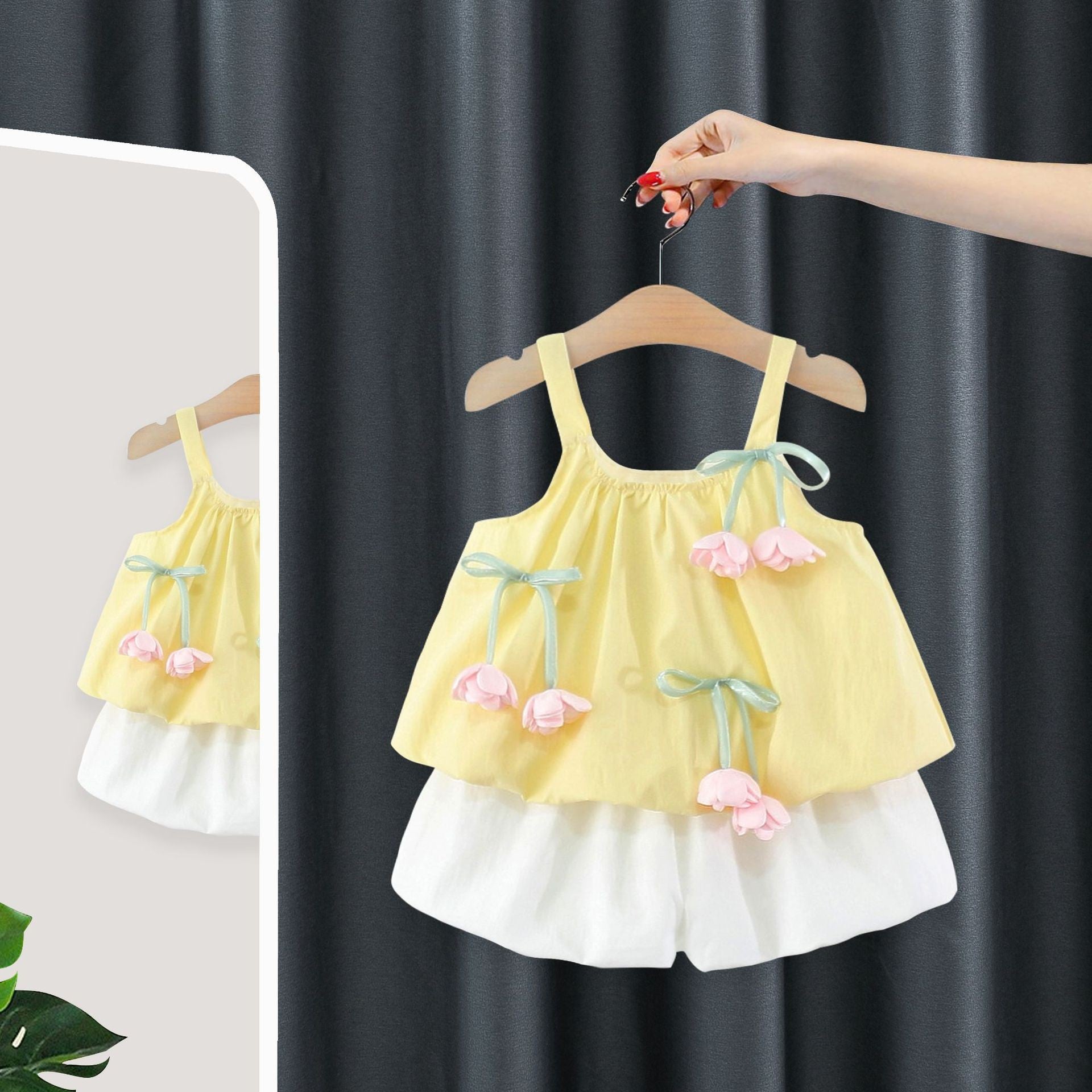 Girls' Yellow Floral Romper Set – Cute Flower Top & White Shorts Outfit
