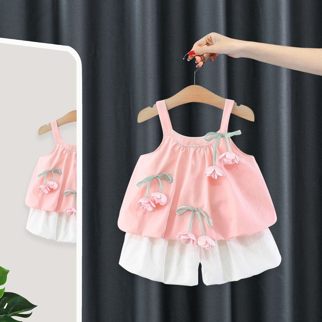 Kids Pink Cherry Print Top & White Shorts Set | Cute Floral Outfit for Girls
