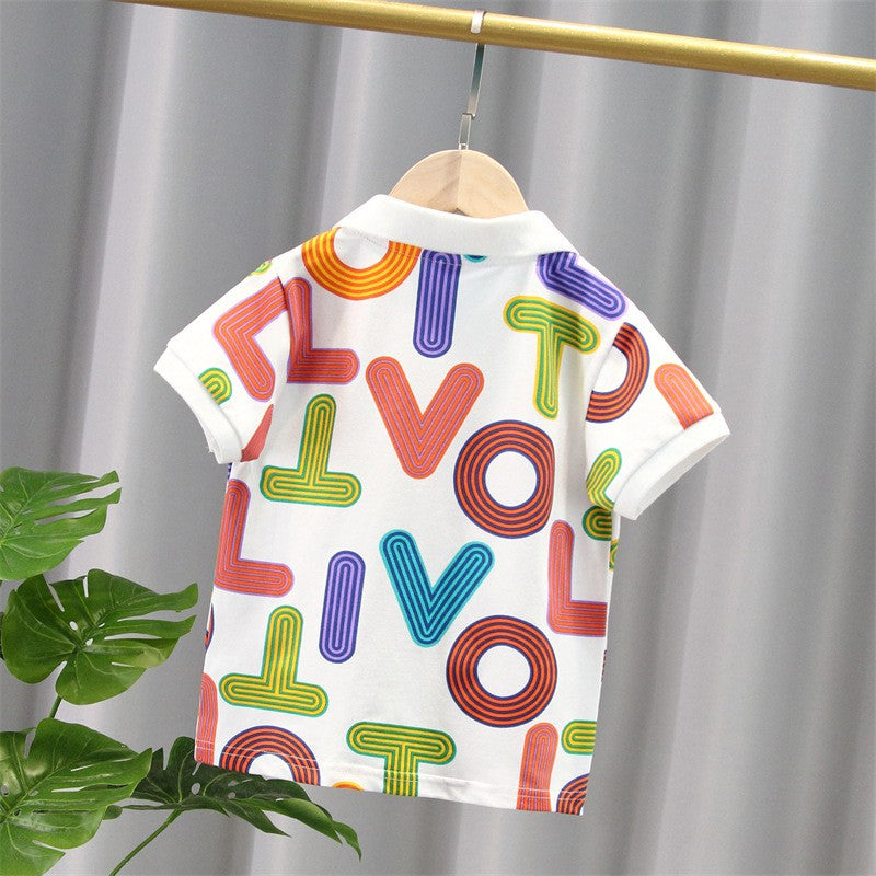 Kids White Polo T-Shirt | Colorful Alphabet Print Collared Top for Boys