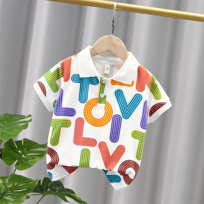 Kids White Polo T-Shirt | Colorful Alphabet Print Collared Top for Boys