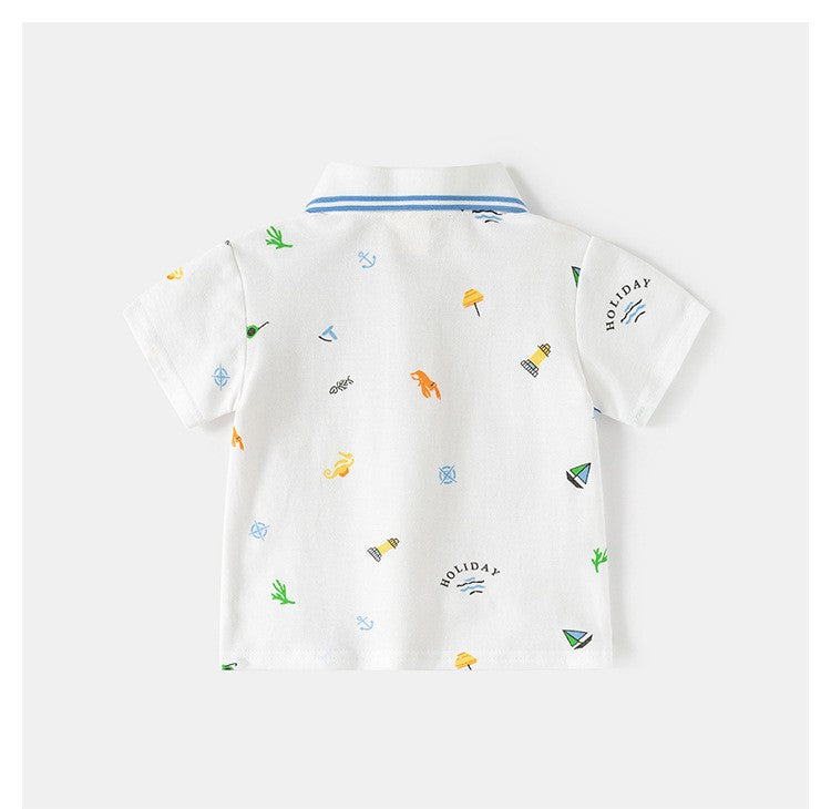 Kids White Polo T-Shirt | Cute Holiday Print Collared Top for Boys