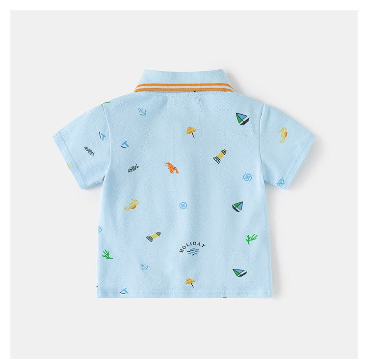 Kids Light Blue Polo T-Shirt | Cute Holiday Print Collared Top for Boys