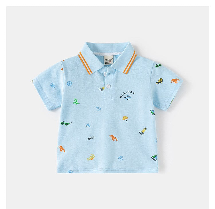 Kids Light Blue Polo T-Shirt | Cute Holiday Print Collared Top for Boys
