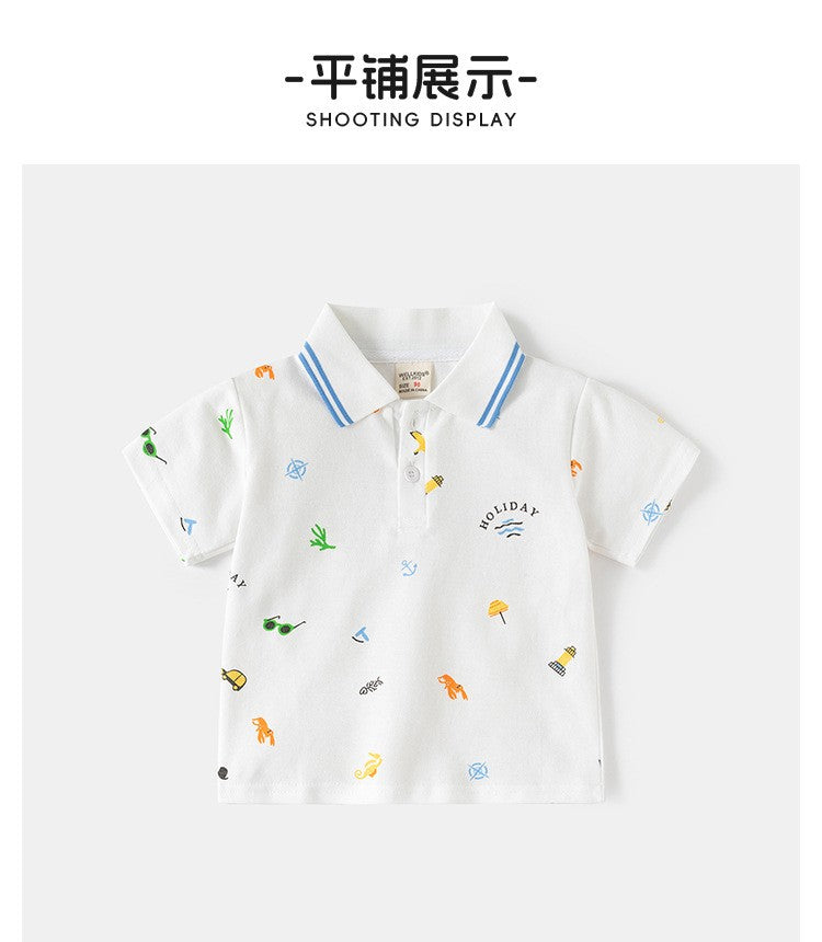 Kids White Polo T-Shirt | Cute Holiday Print Collared Top for Boys