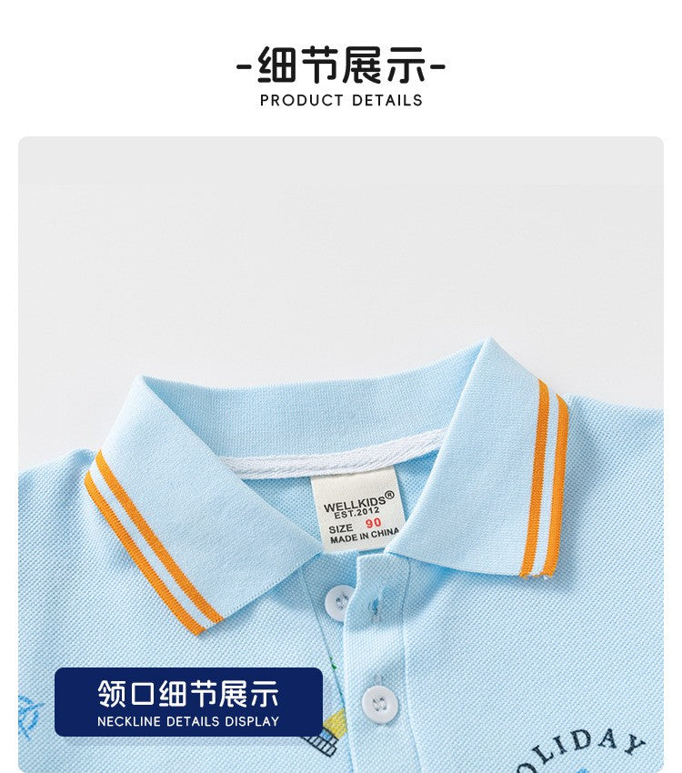 Kids Light Blue Polo T-Shirt | Cute Holiday Print Collared Top for Boys