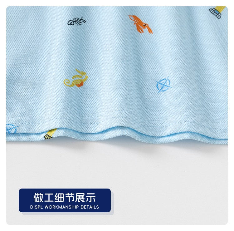 Kids Light Blue Polo T-Shirt | Cute Holiday Print Collared Top for Boys