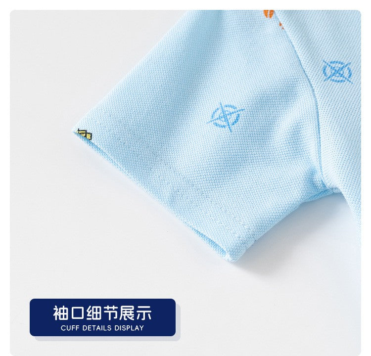 Kids Light Blue Polo T-Shirt | Cute Holiday Print Collared Top for Boys