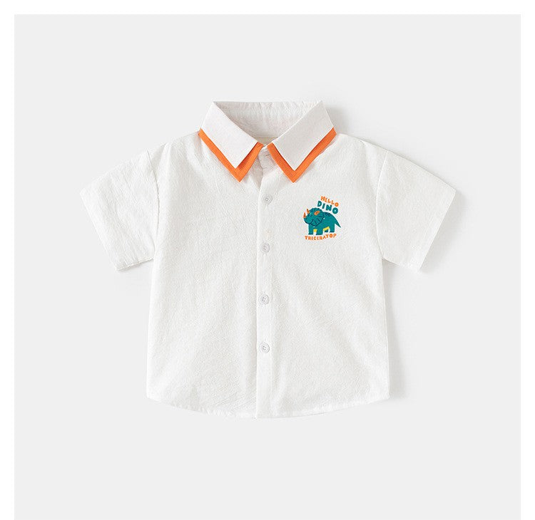 Boys’ White Dinosaur Embroidered Collared Shirt with Orange Trim | Cute Short-Sleeve Casual Top for Baby & Toddler Boys