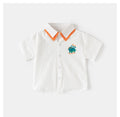 Boys’ White Dinosaur Embroidered Collared Shirt with Orange Trim | Cute Short-Sleeve Casual Top for Baby & Toddler Boys