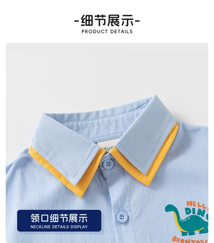 Boys’ Light Blue Collared Shirt with Dinosaur Embroidery | Cute Short-Sleeve Casual Top for Baby & Toddler Boys