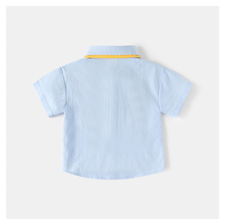 Boys’ Light Blue Collared Shirt with Dinosaur Embroidery | Cute Short-Sleeve Casual Top for Baby & Toddler Boys