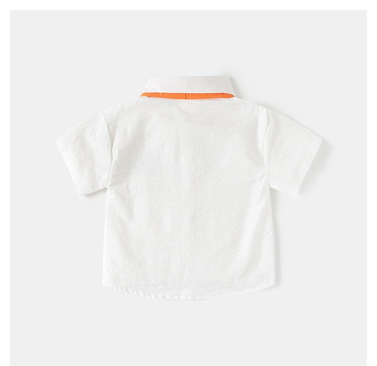 Boys’ White Dinosaur Embroidered Collared Shirt with Orange Trim | Cute Short-Sleeve Casual Top for Baby & Toddler Boys