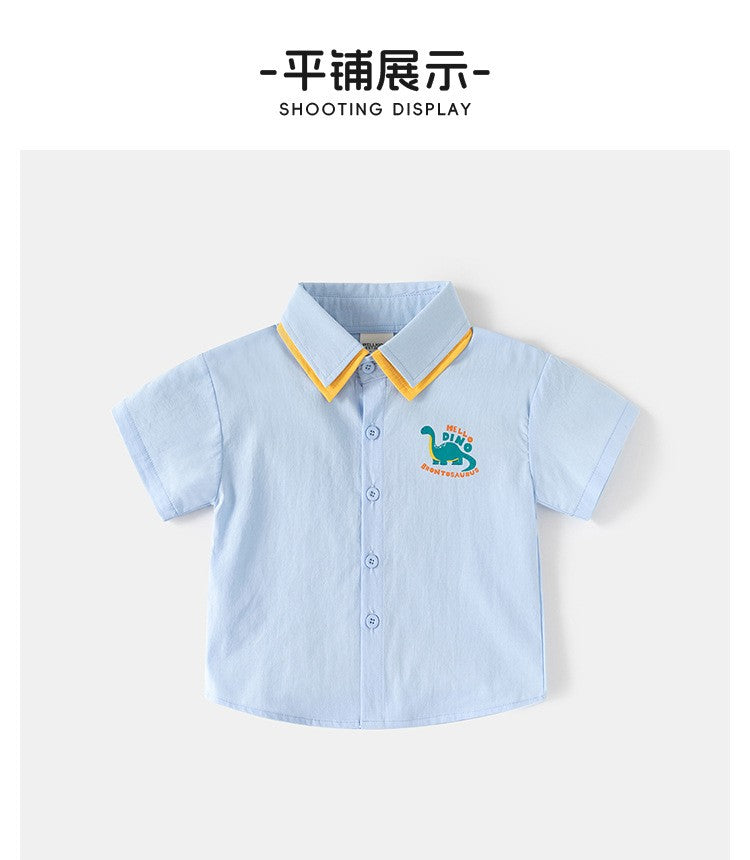 Boys’ Light Blue Collared Shirt with Dinosaur Embroidery | Cute Short-Sleeve Casual Top for Baby & Toddler Boys