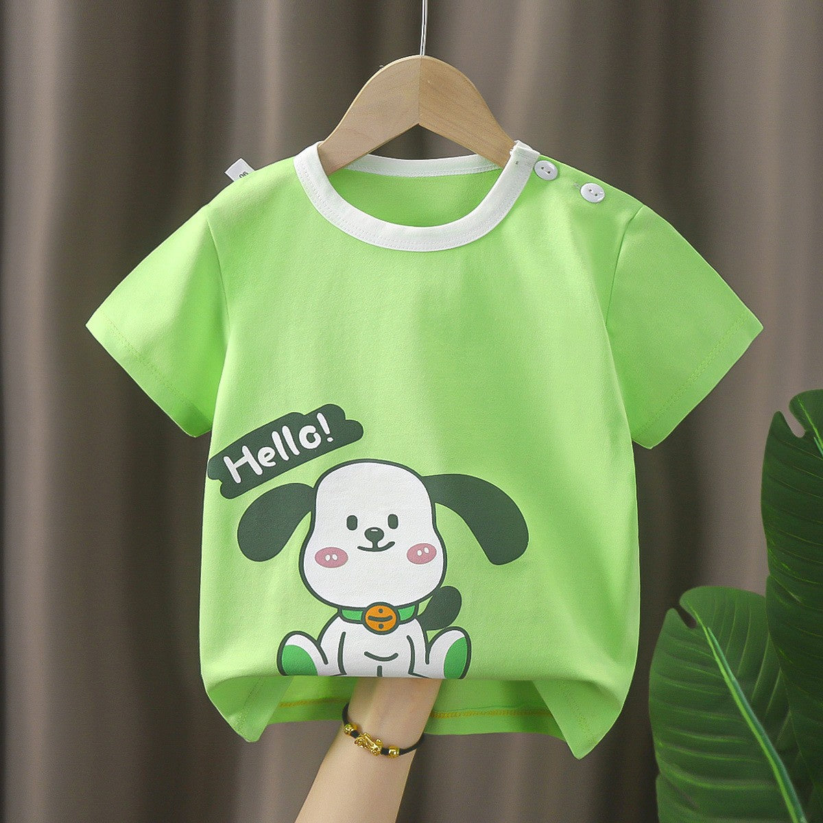 Kids' Green Puppy Graphic T-Shirt – Cute Dog Print Short Sleeve Top