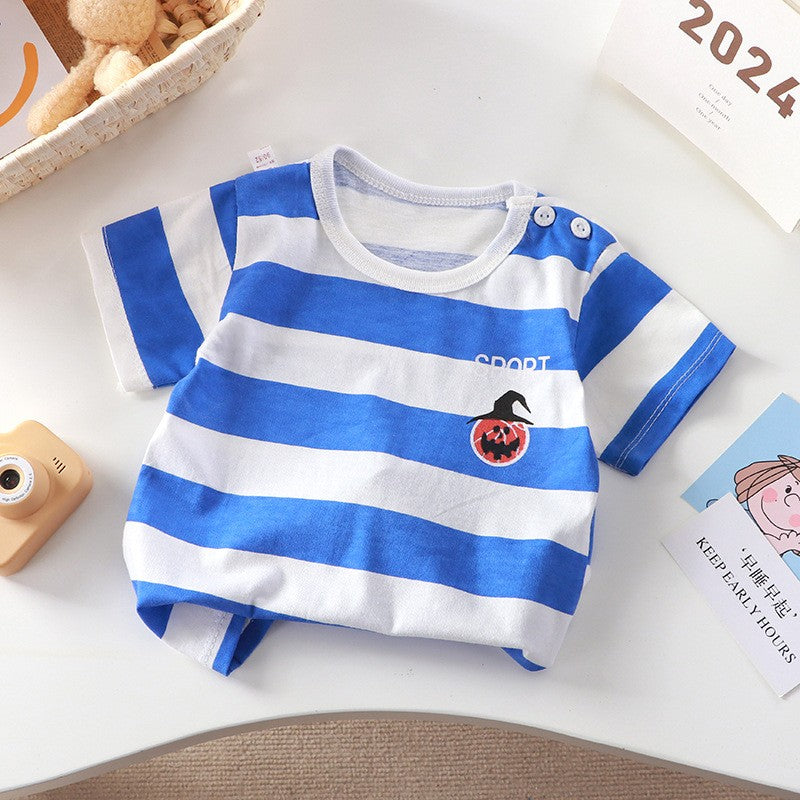Kids' Blue & White Striped T-Shirt – Sporty Graphic Short Sleeve Top