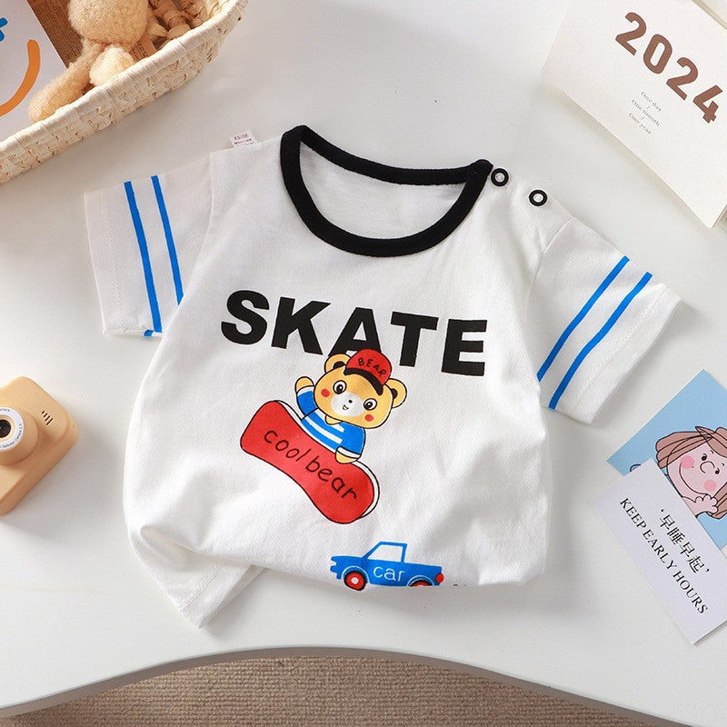 Kids' Skateboard Bear Graphic T-Shirt – White Short Sleeve Top