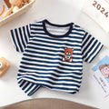 Kids' Navy Blue & White Striped T-Shirt – Cute Teddy Bear Short Sleeve Top