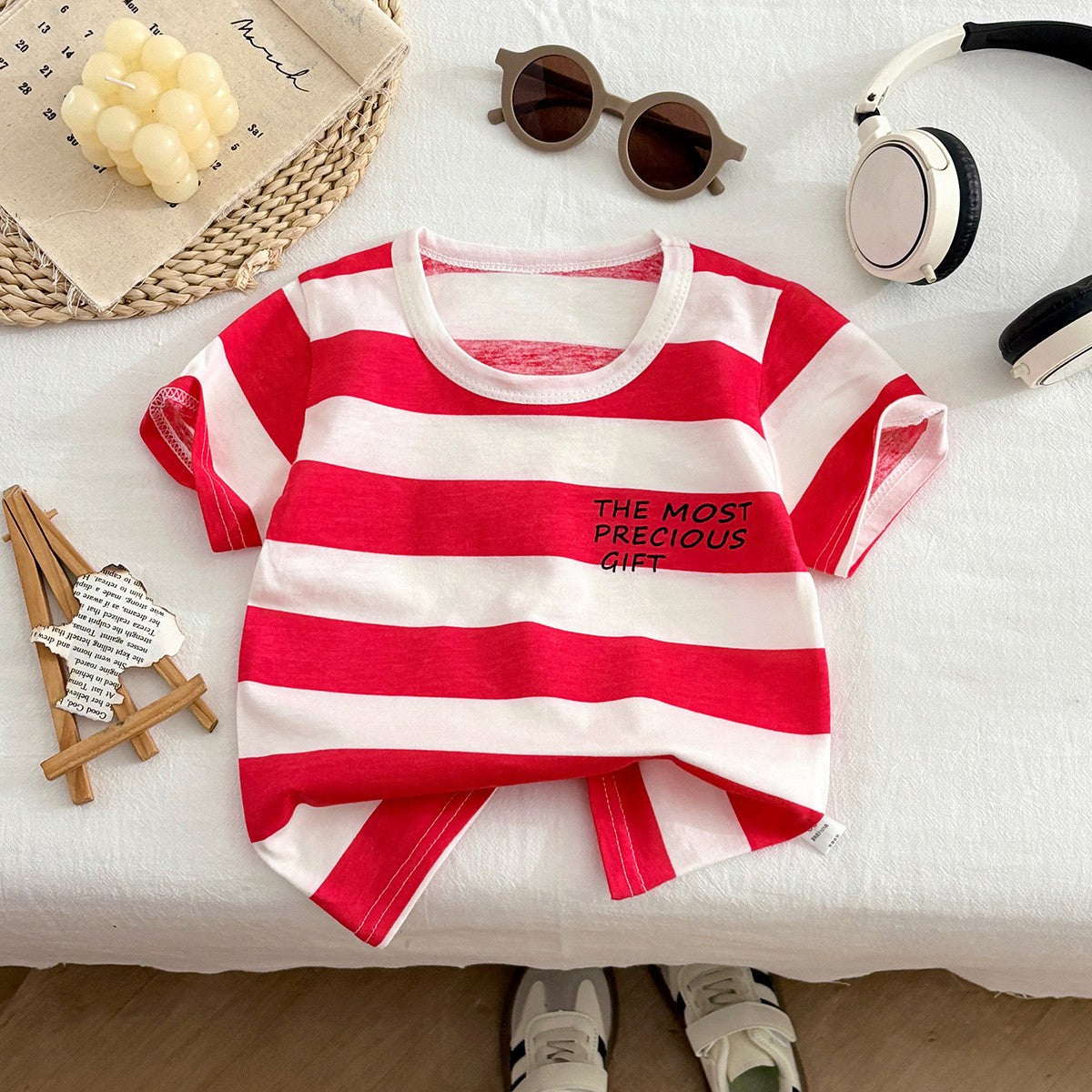 Kids' Red & White Striped T-Shirt – “The Most Precious Gift” Short Sleeve Top