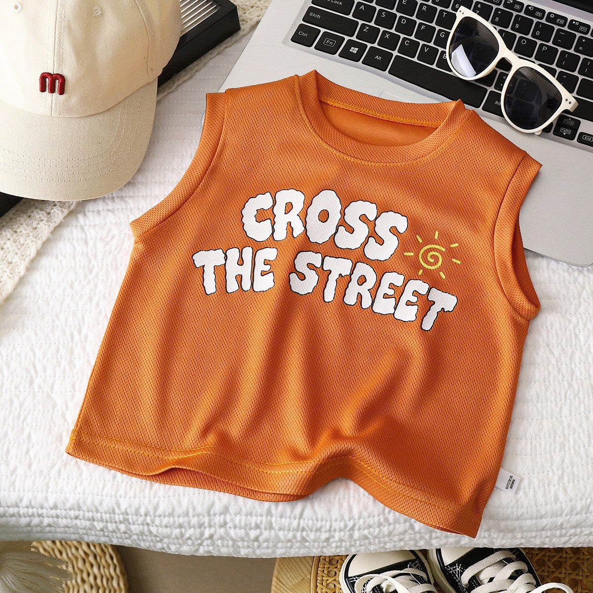 Kids' Orange Graphic Tank Top – “Cross the Street” Sleeveless Summer Top