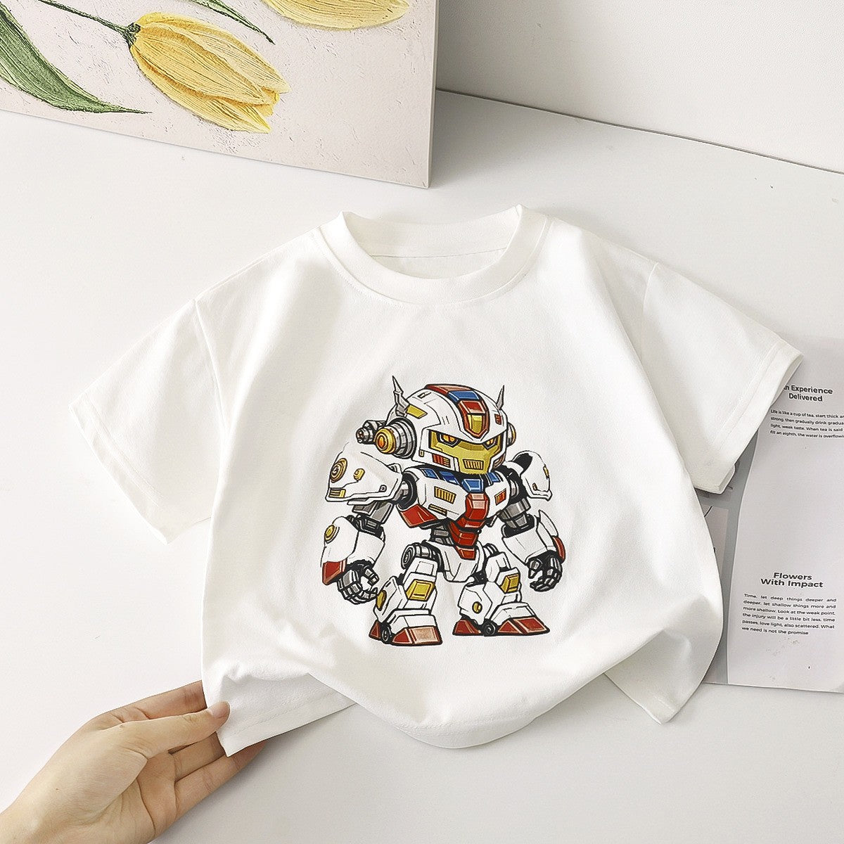 Kids' Robot Graphic T-Shirt – White Short Sleeve Top