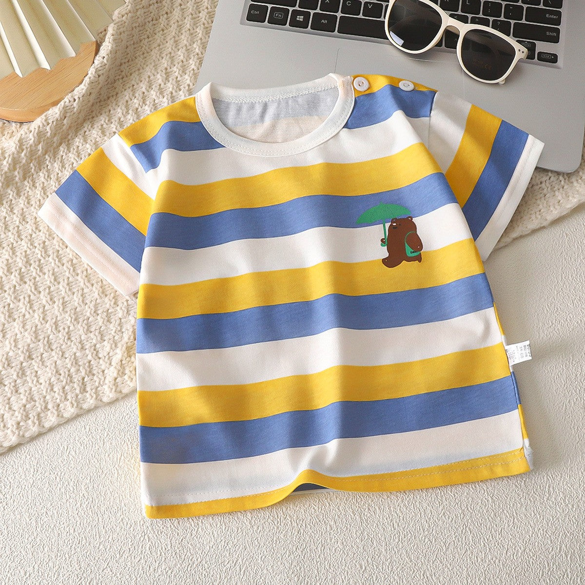 Kids' Striped Bear T-Shirt – Blue & Yellow Short Sleeve Top