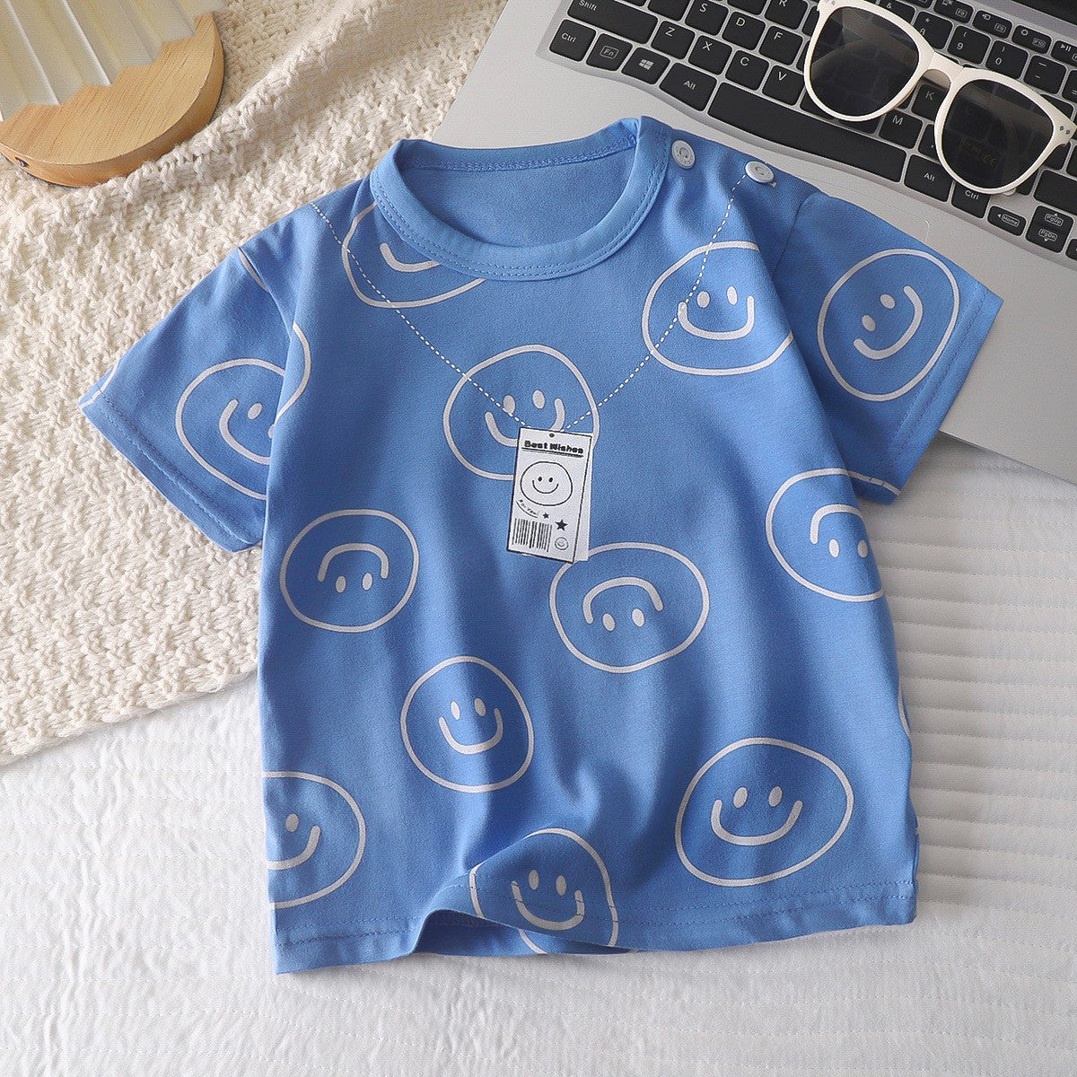 Kids' Blue Smiley Face T-Shirt – Cute Print Short Sleeve Top