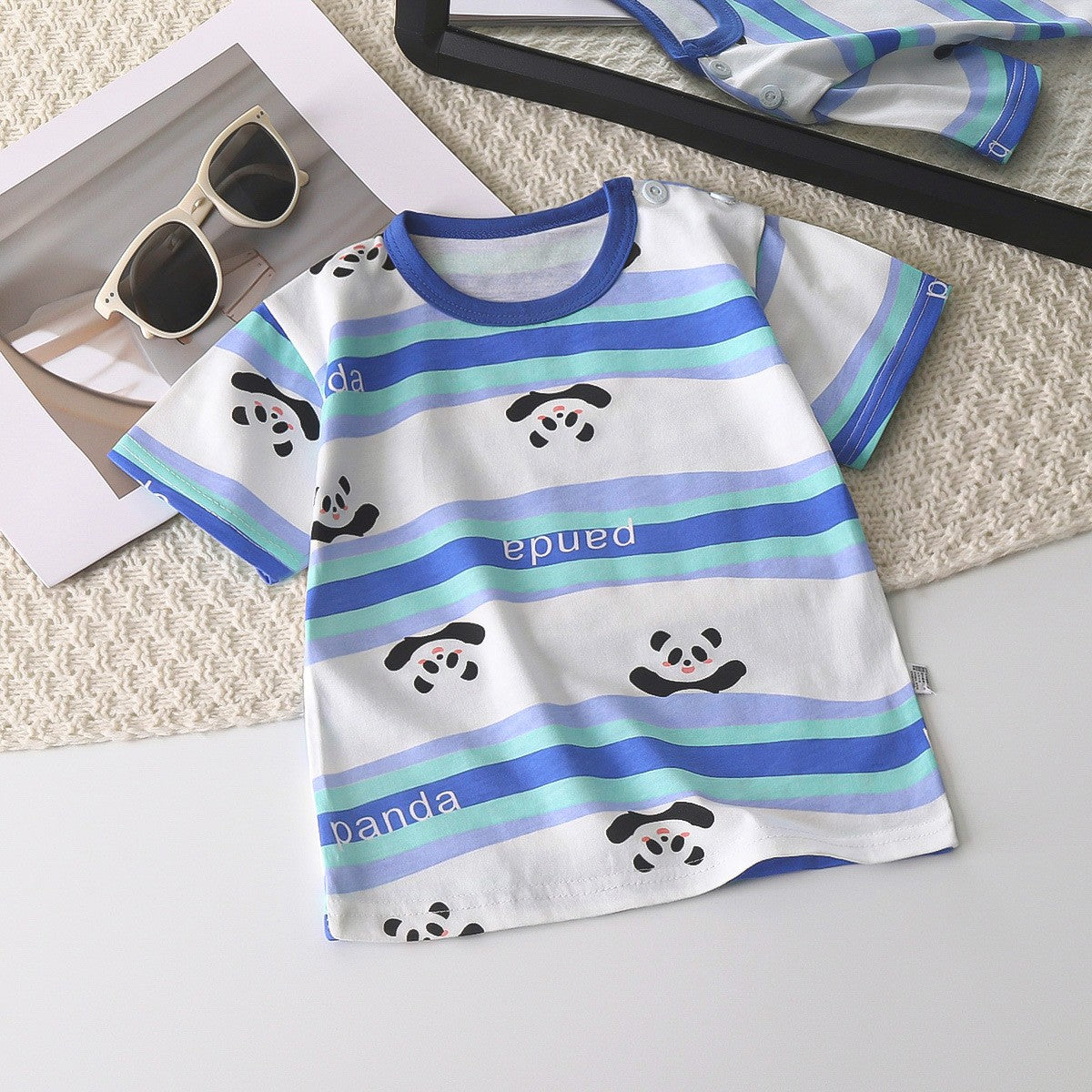 Kids' Cute Panda Print T-Shirt – Blue & Light Green Striped Short Sleeve Top