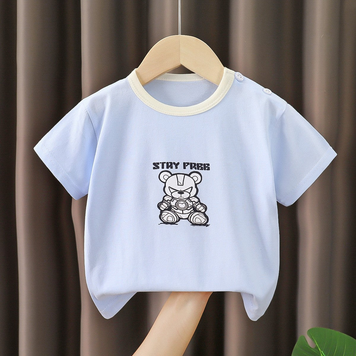 Boys' Cute Teddy Bear Graphic T-Shirt – Light Blue Short Sleeve Top
